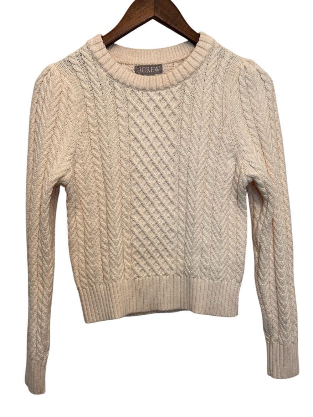 J.Crew Cream Cable Knit Puff-Sleeve Crewneck Sweater